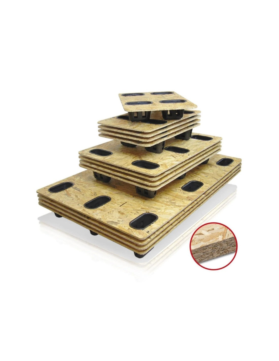 Pallet in legno pressato OSB con piedi in plastica