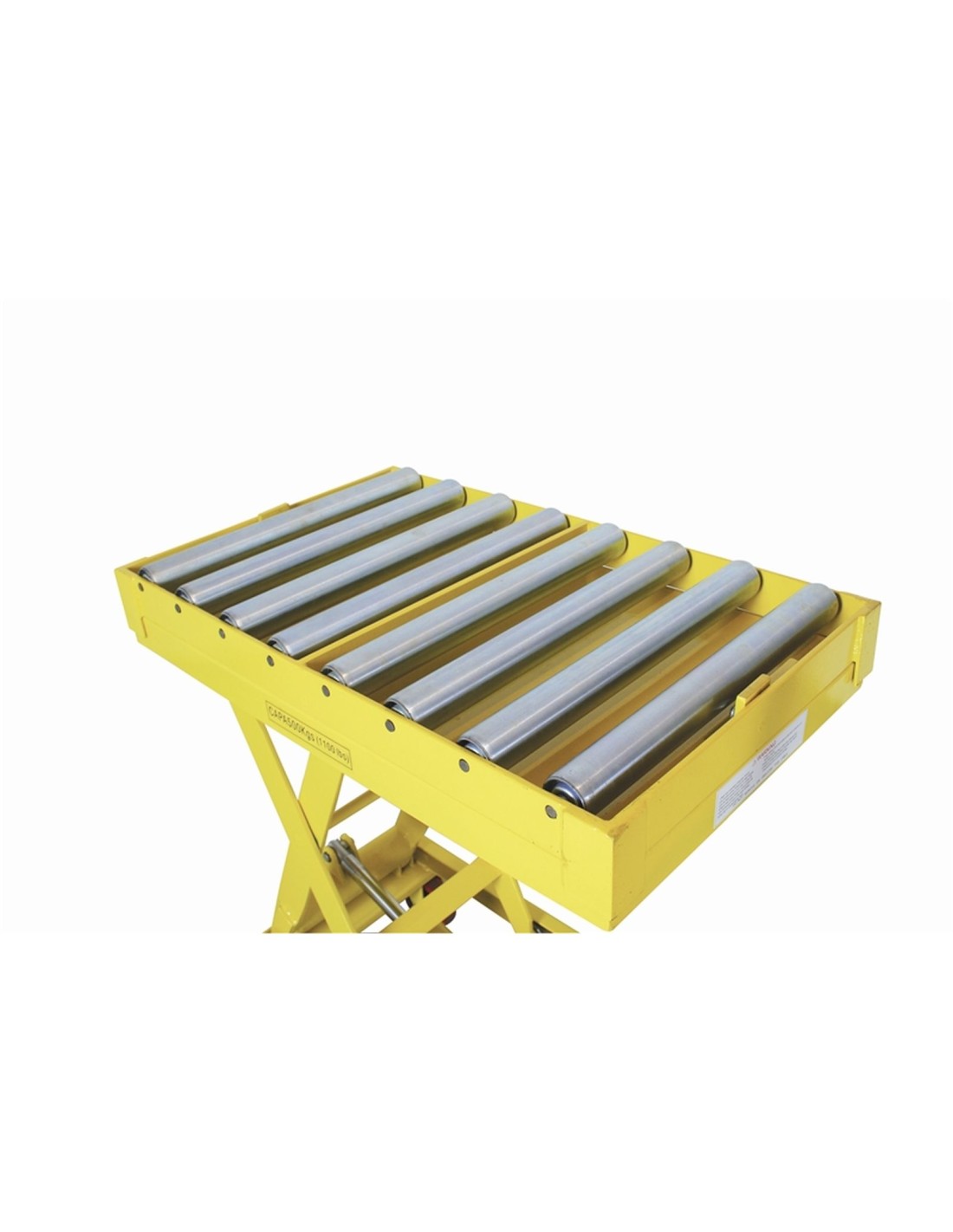 Piattaforma carrellata grande alzata 300 Kg con rulliera a 10 rulli folli.