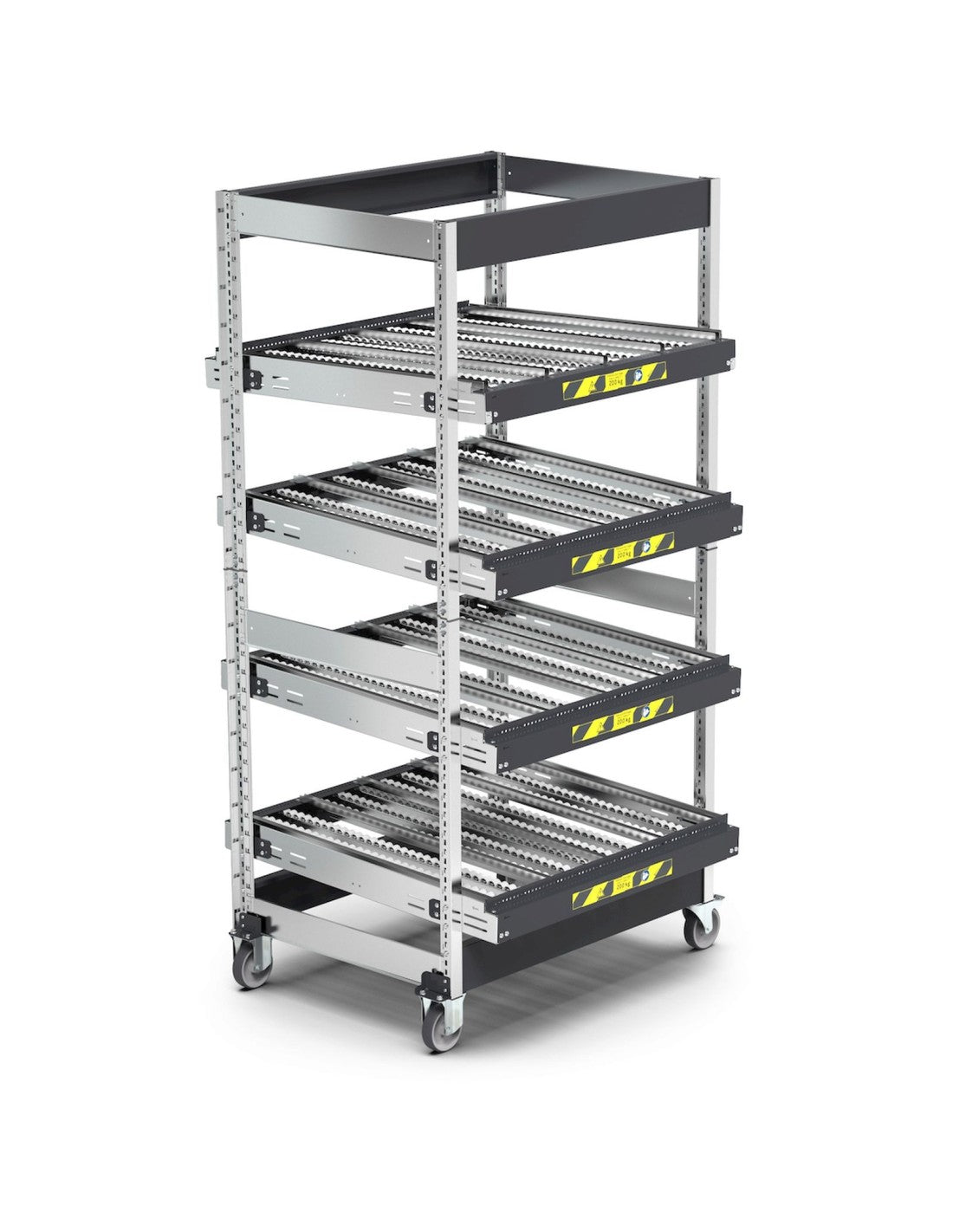 Scaffale dinamici Kanban a rulli - FIFO  con 4 telai inclinabili con ruote