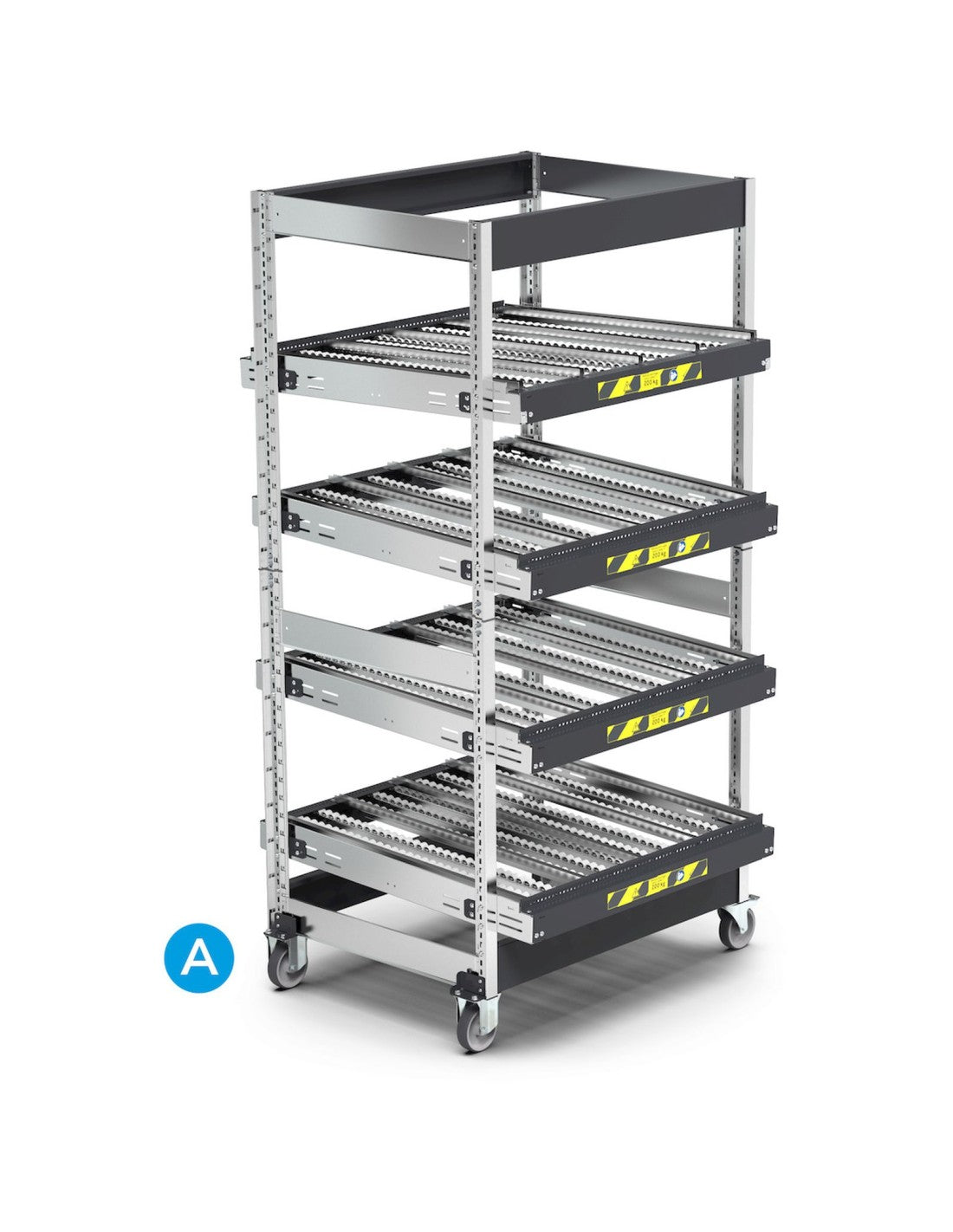 Scaffale dinamici Kanban a rulli - FIFO  con 4 telai inclinabili con ruote