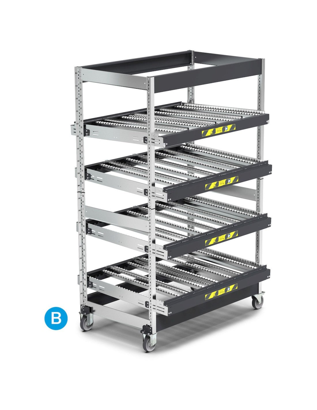 Scaffale dinamici Kanban a rulli - FIFO  con 4 telai inclinabili con ruote