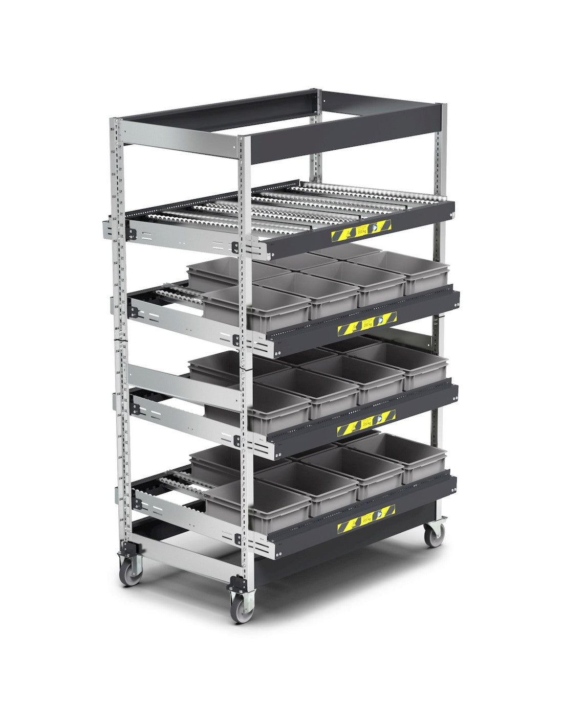 Scaffale dinamici Kanban a rulli - FIFO  con 4 telai inclinabili con ruote