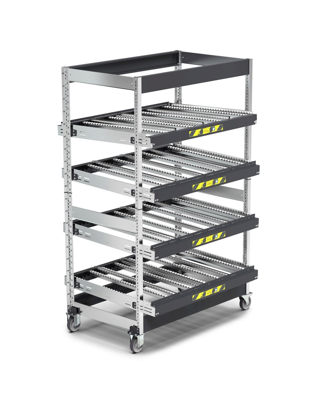 Scaffale dinamici Kanban a rulli - FIFO  con 4 telai inclinabili con ruote