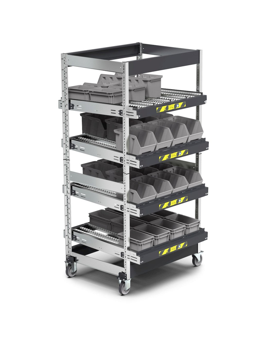 Scaffale dinamici Kanban a rulli - FIFO  con 4 telai inclinabili con ruote