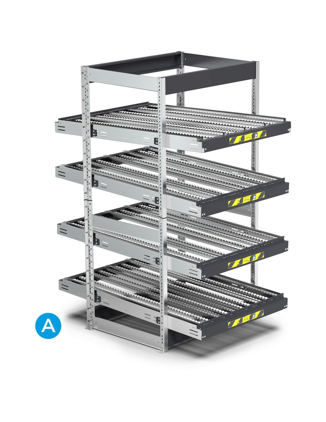 Scaffale dinamici Kanban a rulli - FIFO  con 4 telai inclinabili