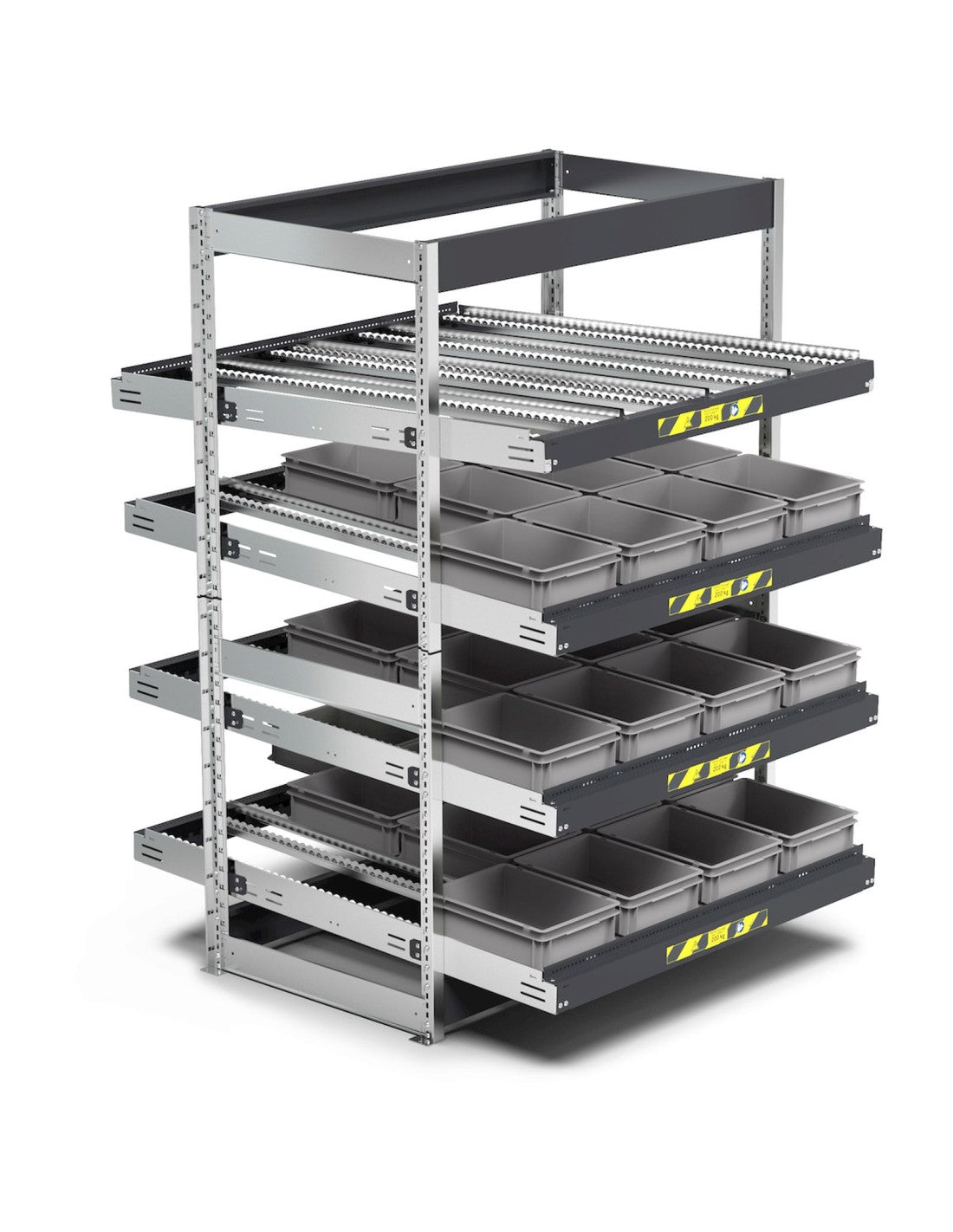 Scaffale dinamici Kanban a rulli - FIFO  con 4 telai inclinabili