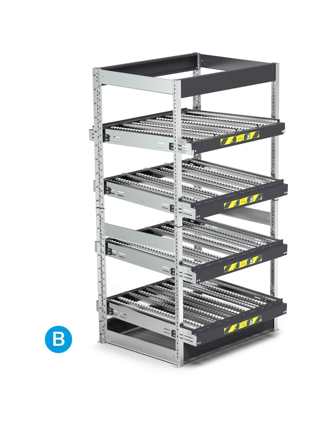 Scaffale dinamici Kanban a rulli - FIFO  con 4 telai inclinabili