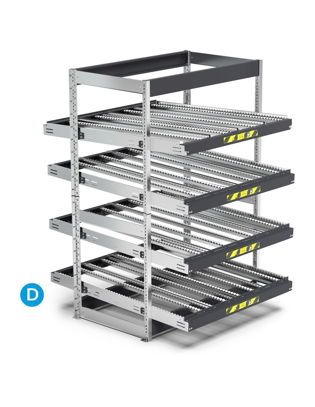 Scaffale dinamici Kanban a rulli - FIFO  con 4 telai inclinabili