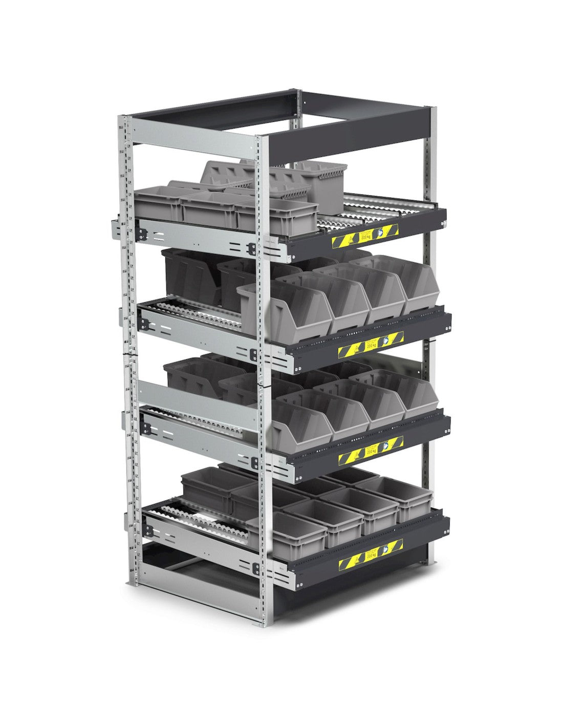 Scaffale dinamici Kanban a rulli - FIFO  con 4 telai inclinabili
