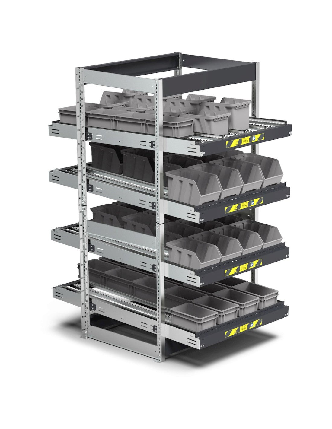 Scaffale dinamici Kanban a rulli - FIFO  con 4 telai inclinabili
