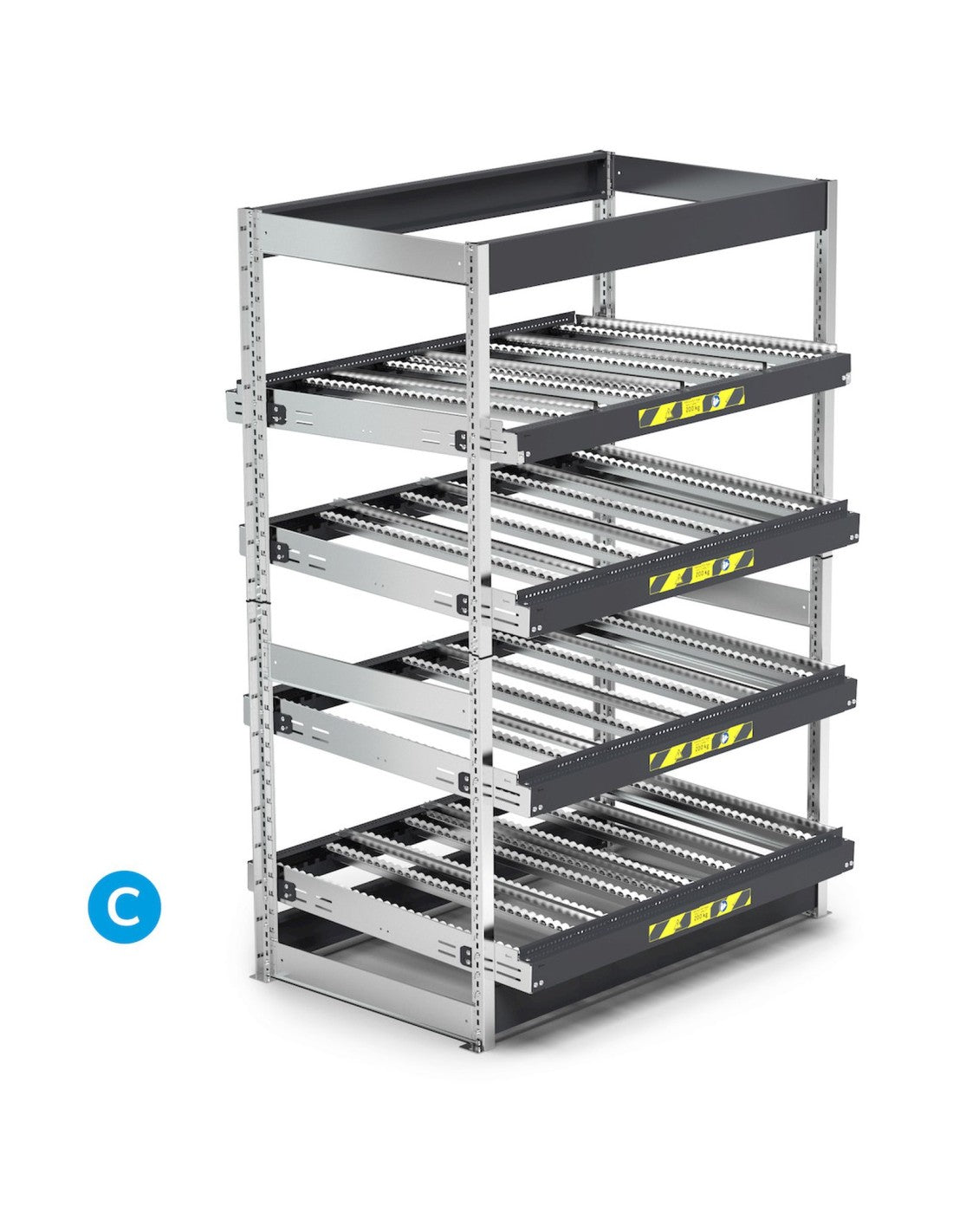 Scaffale dinamici Kanban a rulli - FIFO  con 4 telai inclinabili